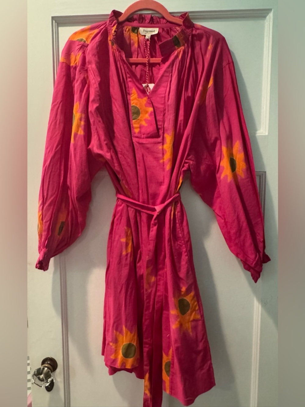 NWT Fragonard Cotton Sunflower Long Sleeve Caftan Dress with Tie Waist